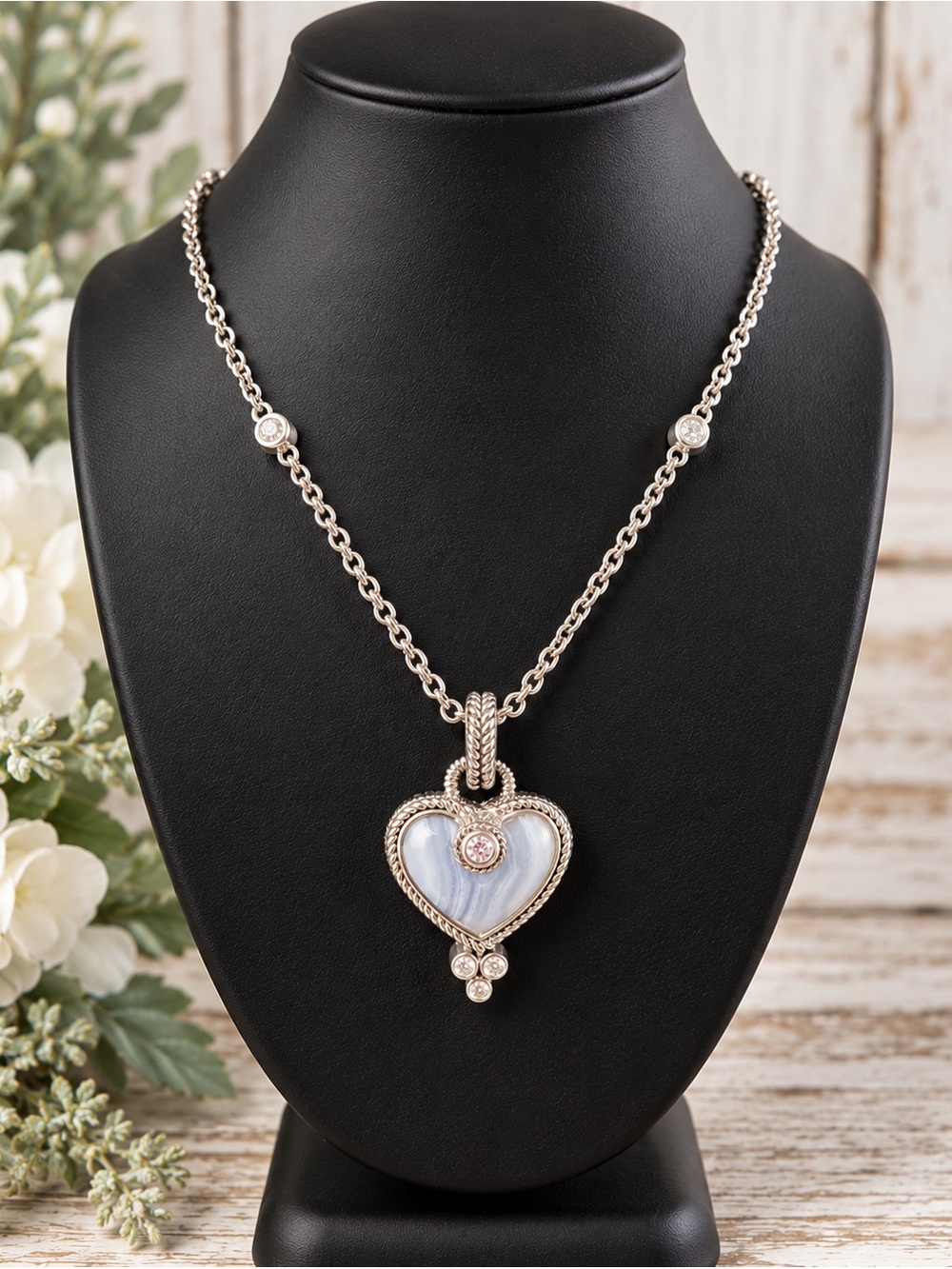Judith Ripka Blue Lace Agate Heart Enhancer Diamonique Sterling Necklace